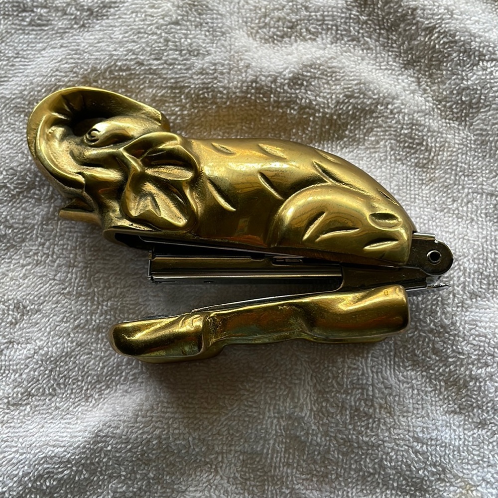 Vintage Brass Elephant Desk Stapler Trunk Up 4.5”.  Pre-owned but Never used.